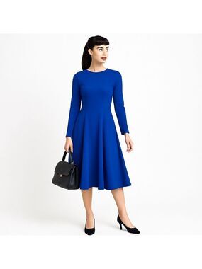 Royal Blue Knit Fit & Flare Midi Dress Made in Italy NWT M 8 10 Work Cocktail